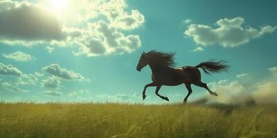 The horse runs across the field.