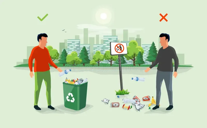 Nhấn để nghe Throw trash in the right place.