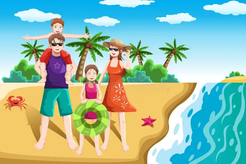 We go to the beach in July.